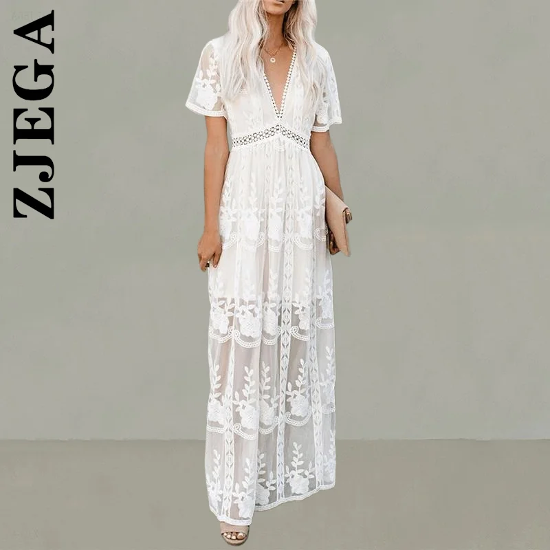 

Zjega Women Dress Fashion Simple Maxi Dress Loose Embroidery White Lace long Tunic Beach Dress Female Woman Clothes Vestidos