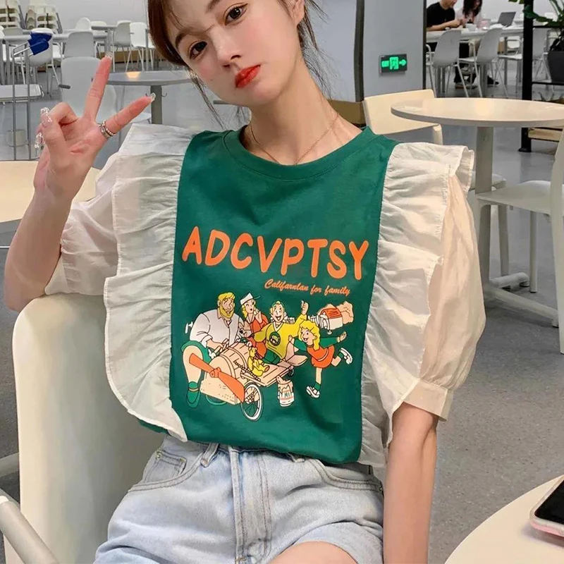 

Женская футболка с круглым вырезом, элегантная зеленая футболка большого размера с принтом букв и оборками, с рукавами-фонариками, Милый Ле...