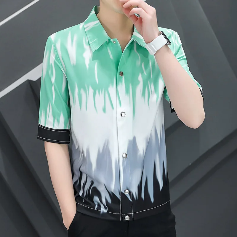 

2022 Men's New Short Sleeve Printed Shirt Teenagers Gradient Color Slim Fit Summer Half Sleeve Shirt