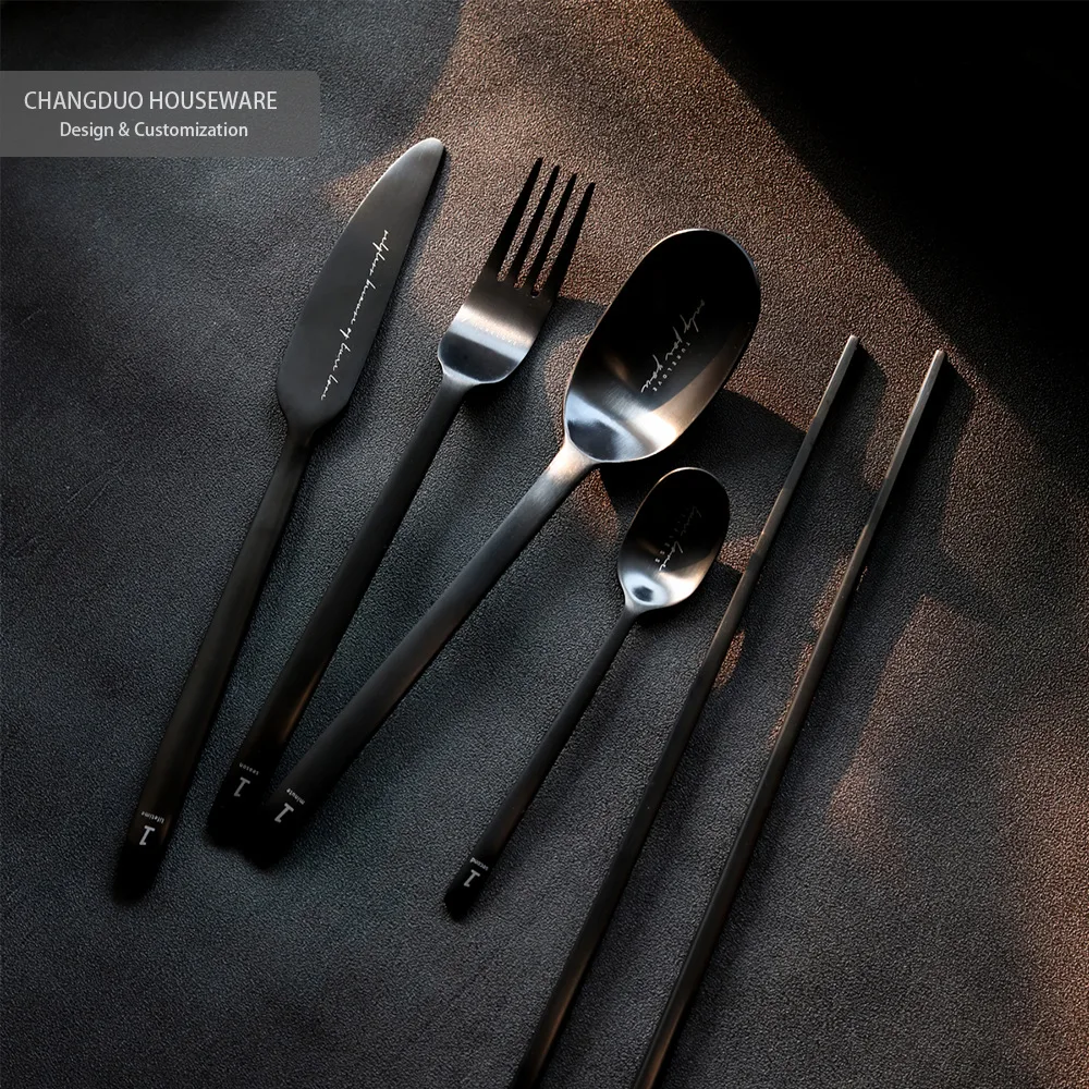 

Simple Industrial Style Stainless Steel Plated Titanium Black Western Food Knife Spoon Fork Tea Spoon Chopsticks Tableware Set