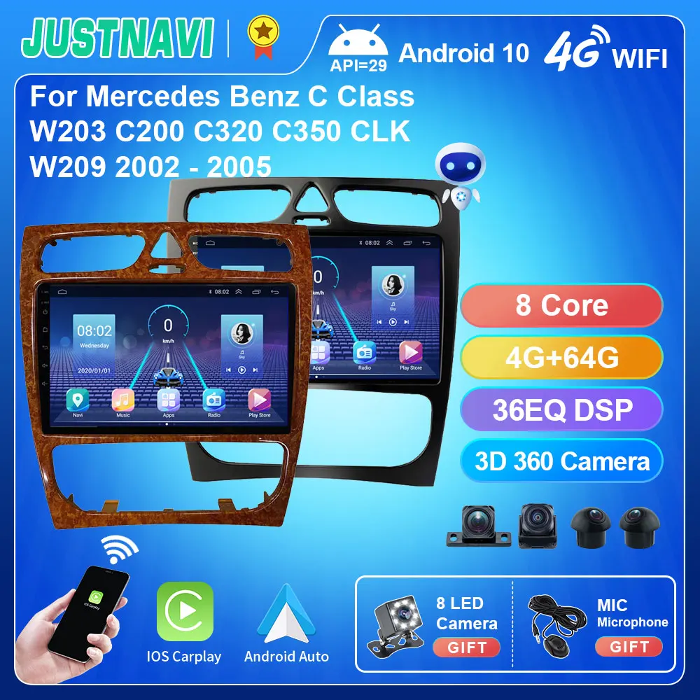 JUSTNAVI Car Radio Android 10.0 For Mercedes Benz C Class W203 C200 C320 C350 CLK W209 2002 - 2005 Car Stereo IPS Head Unit DSP