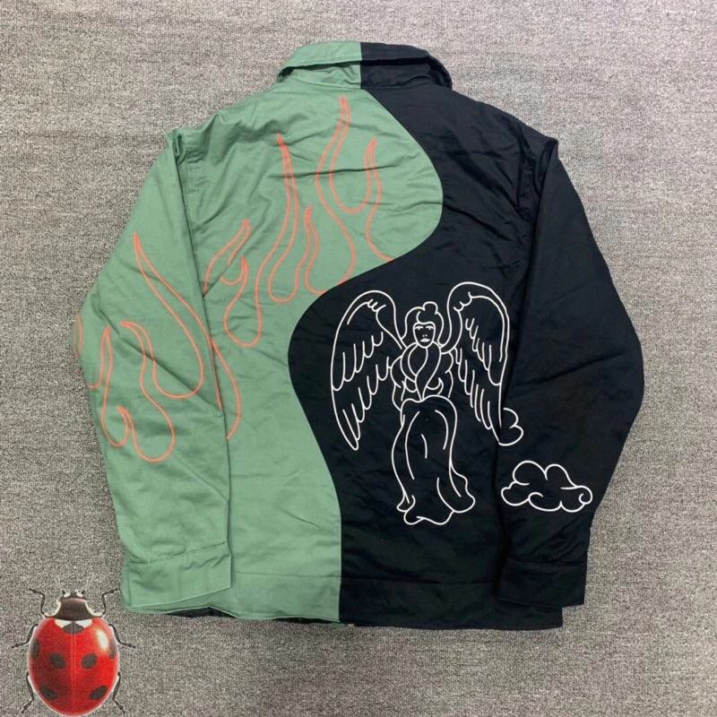 

Green Black Patchwork Travis Scott Baseball Jacket Hip Hop Smiley Flame Angel Print Zipper Jacket Coat