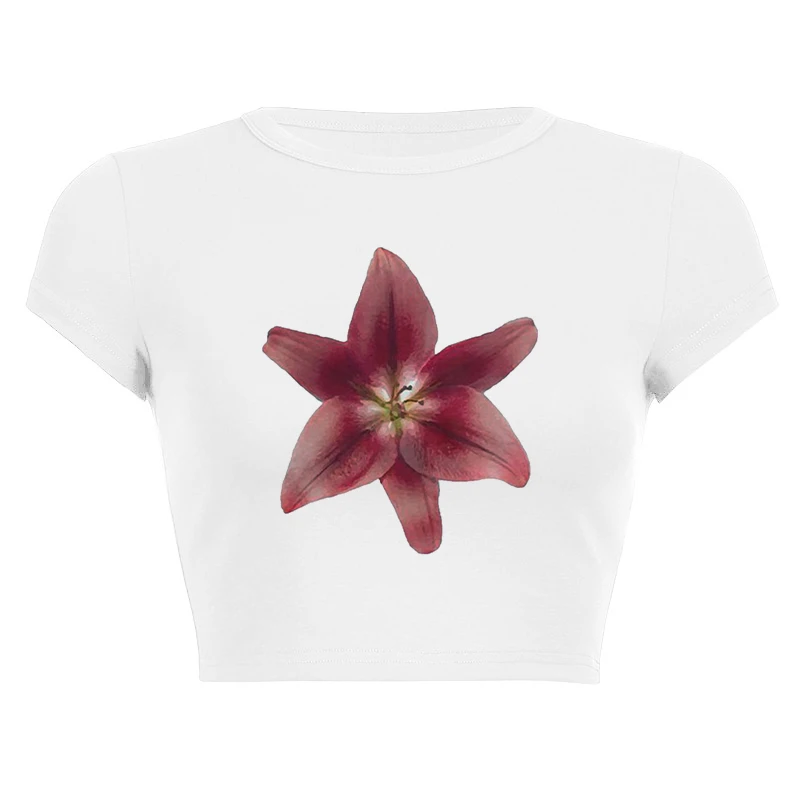 Women's Y2k Tops Aesthetic Flowers Print Short Sleeve Summer Female Slim Fit Crop T-shirts White Casual Sport Tees