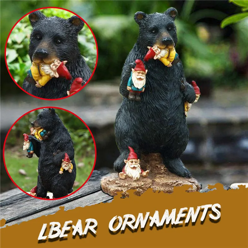 

1pc Garden Statue Elf Dwarf Black Bear Decoration Animal Figurine Resin Desktop Handmade Crafts Sculpture Garden Ornament