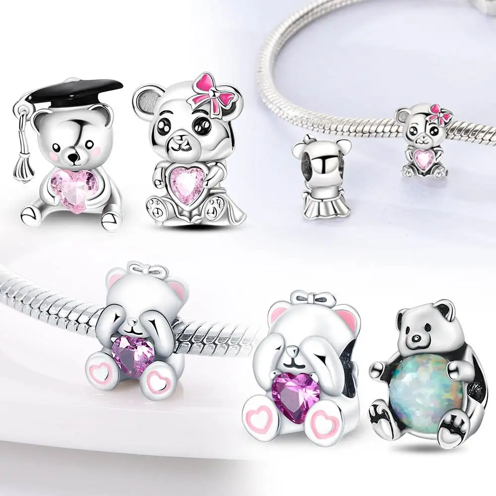 Стерлингового серебра 925 пробы медведи бусины Любовь подходят для подвесок Pandora