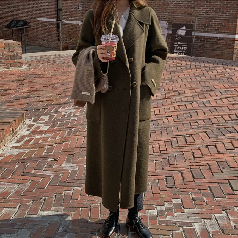 

Новинка Осень-зима 2023, двустороннее кашемировое пальто, зеленое женское свободное шерстяное пальто с кружевом, высококачественное Женское ...