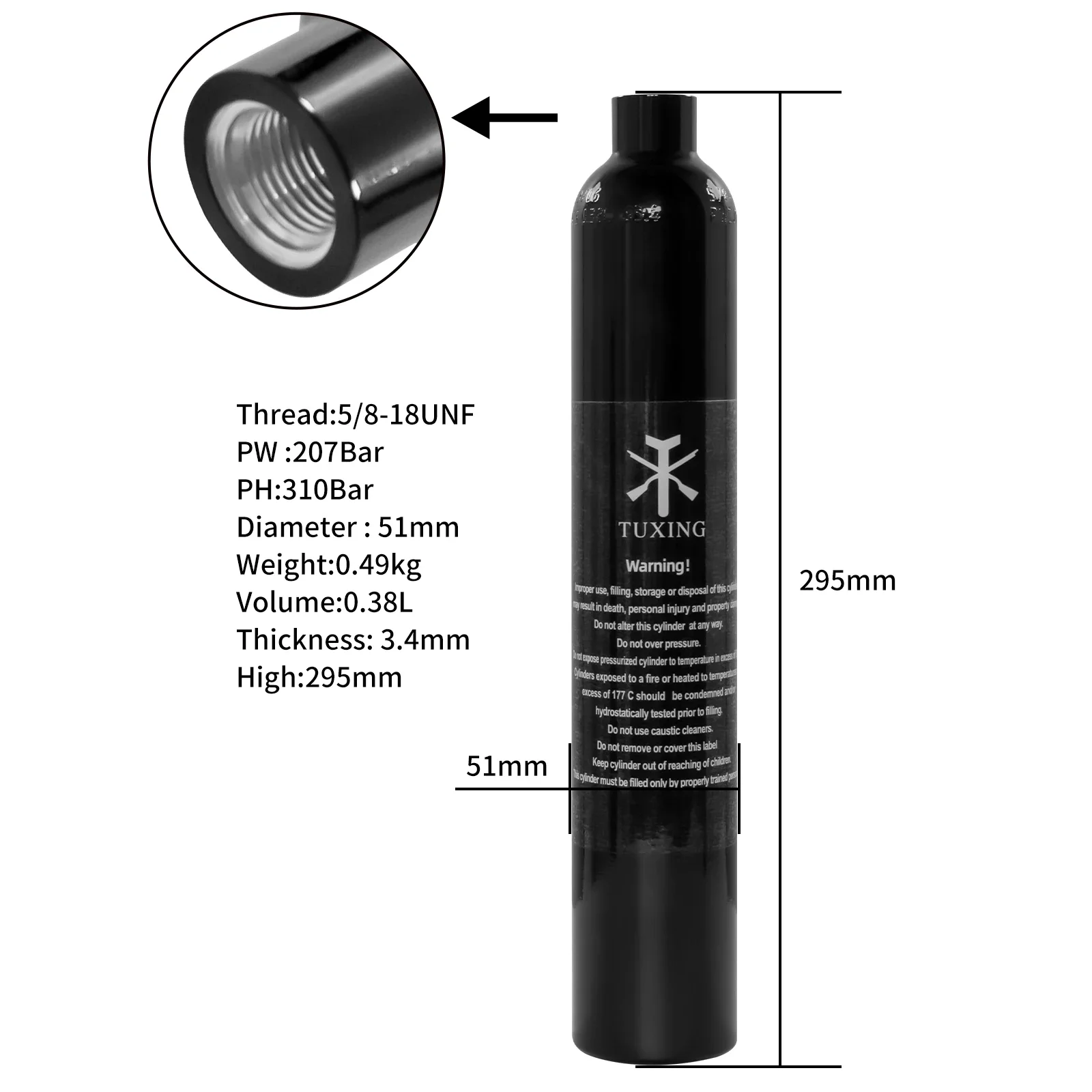 

Алюминиевый цилиндр TUXING 0.38L черного цвета