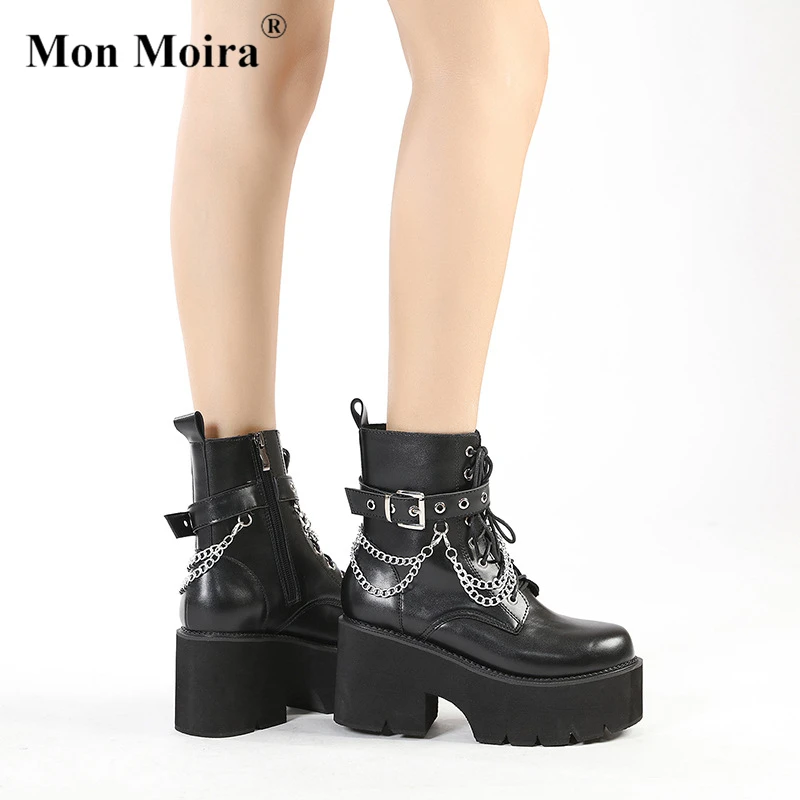 MONMOIRA Chunky Platform Metal Chain Goth Ankle Boots Women 2022 Autumn Zipper Buckle Round Toe Thick Heel Ladies Shoes
