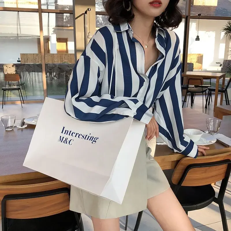 Фото Французские Camisas De Mujer, свободные полосатые офисные женские рубашки с воротником-поло и длинными рукавами, женские корейские модные блузки Femmes, трендовые топы №2