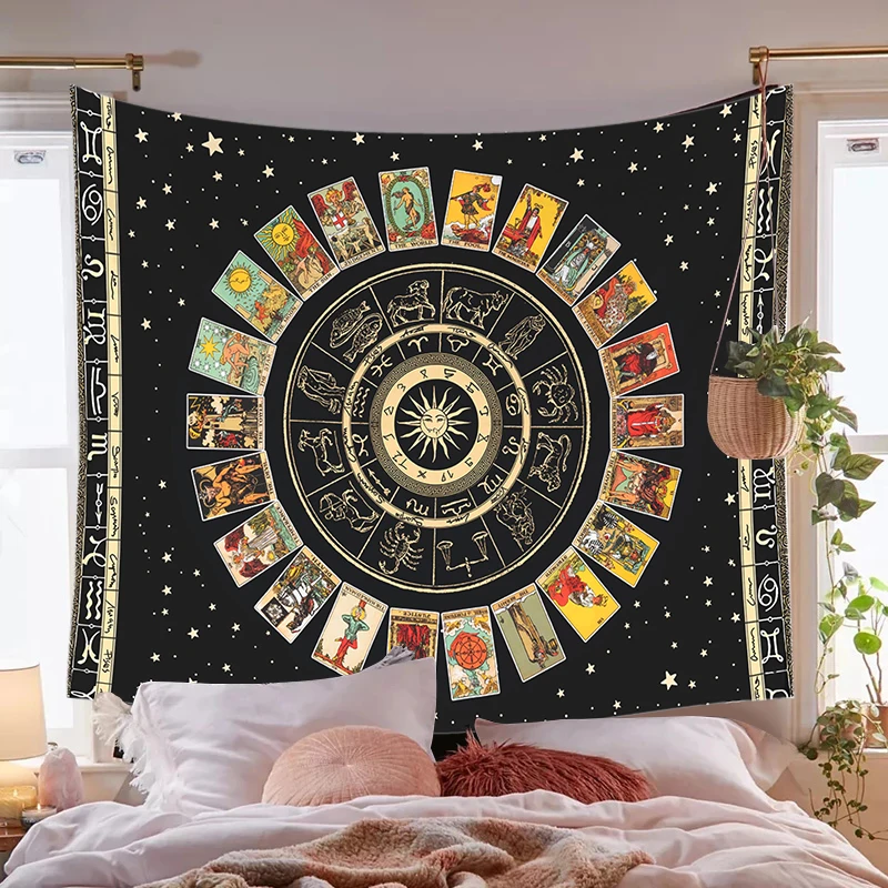 Boho Decoration Home Mandala Tarot Card Tapestry Wheel of Astrology Chart Sun and Moon Wall Hanging Witchcraft Supplies |
