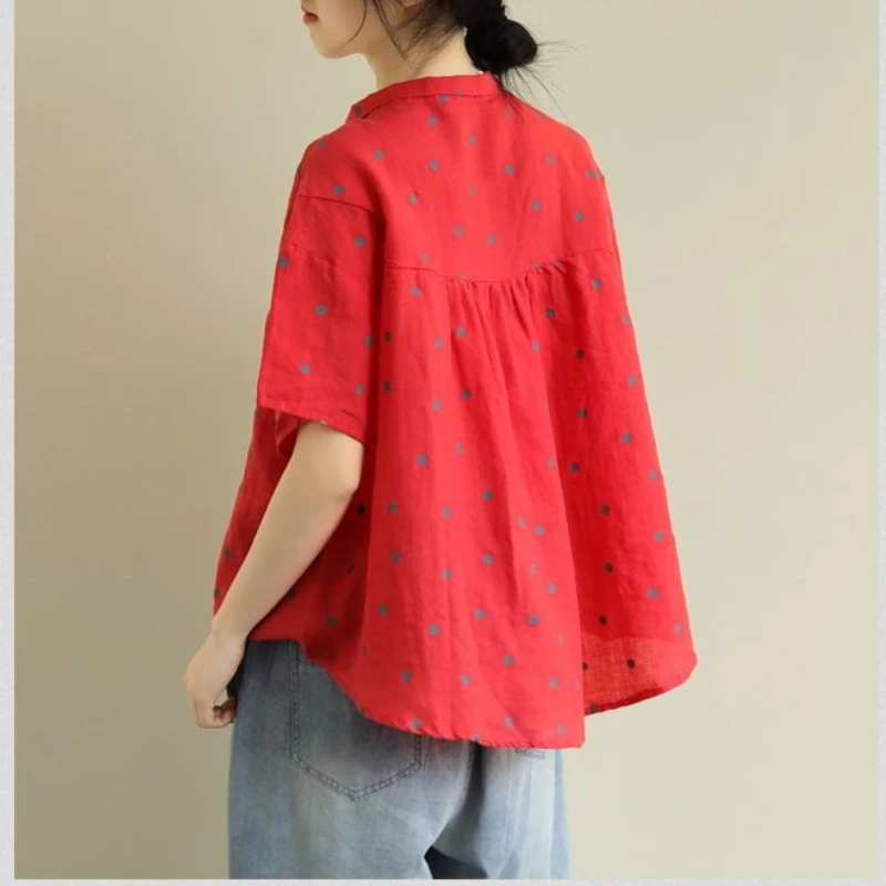 Женская блузка с коротким рукавом Повседневная рубашка в горошек круглым
