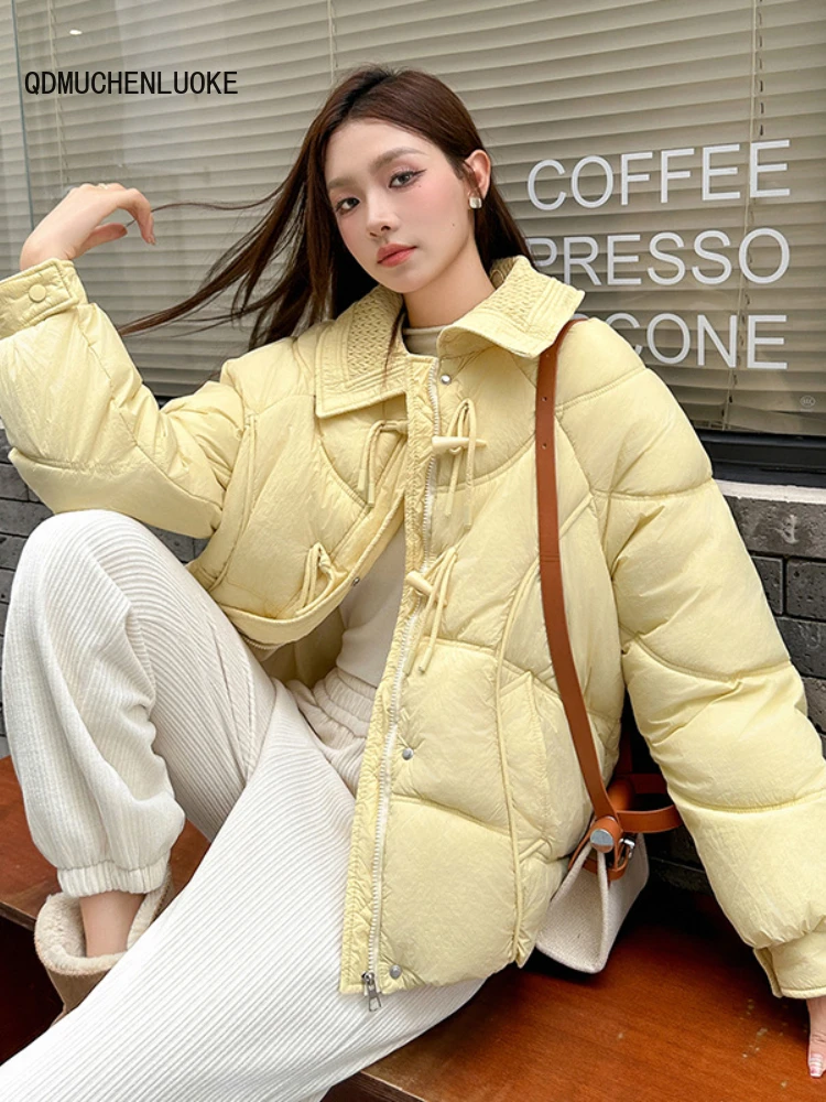 

Winter Jackets for Women Clothing 2023 New Long Sleeved Top Korean Fashion Loose Down Coats Horn Button Solid Color Lapel Parkas