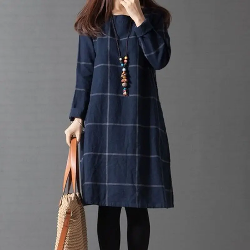 

New Spring Autumn Pregnancy dress loose grid Cotton Linen long sleeve Vintage Dress For Pregnant Women Maternity Clothes