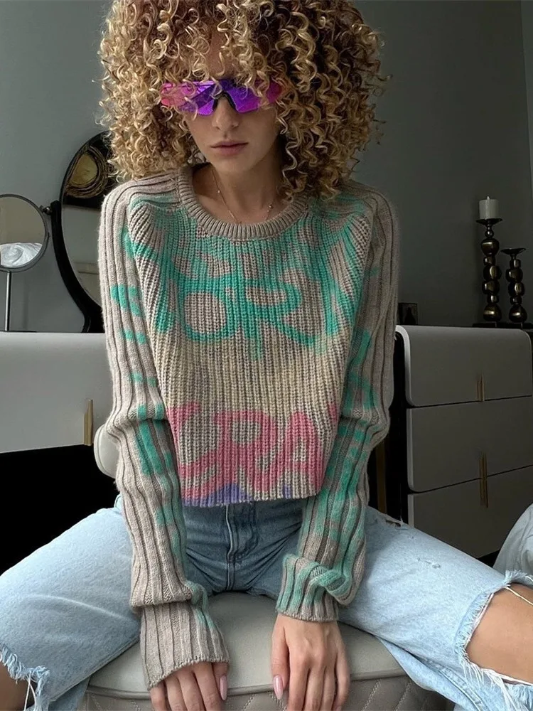 

2023 Spice Letter Embroidery Color Knit Personality Fashion Crewneck Design Sense Of Length Two Sweaters Autumn Winter Women 366