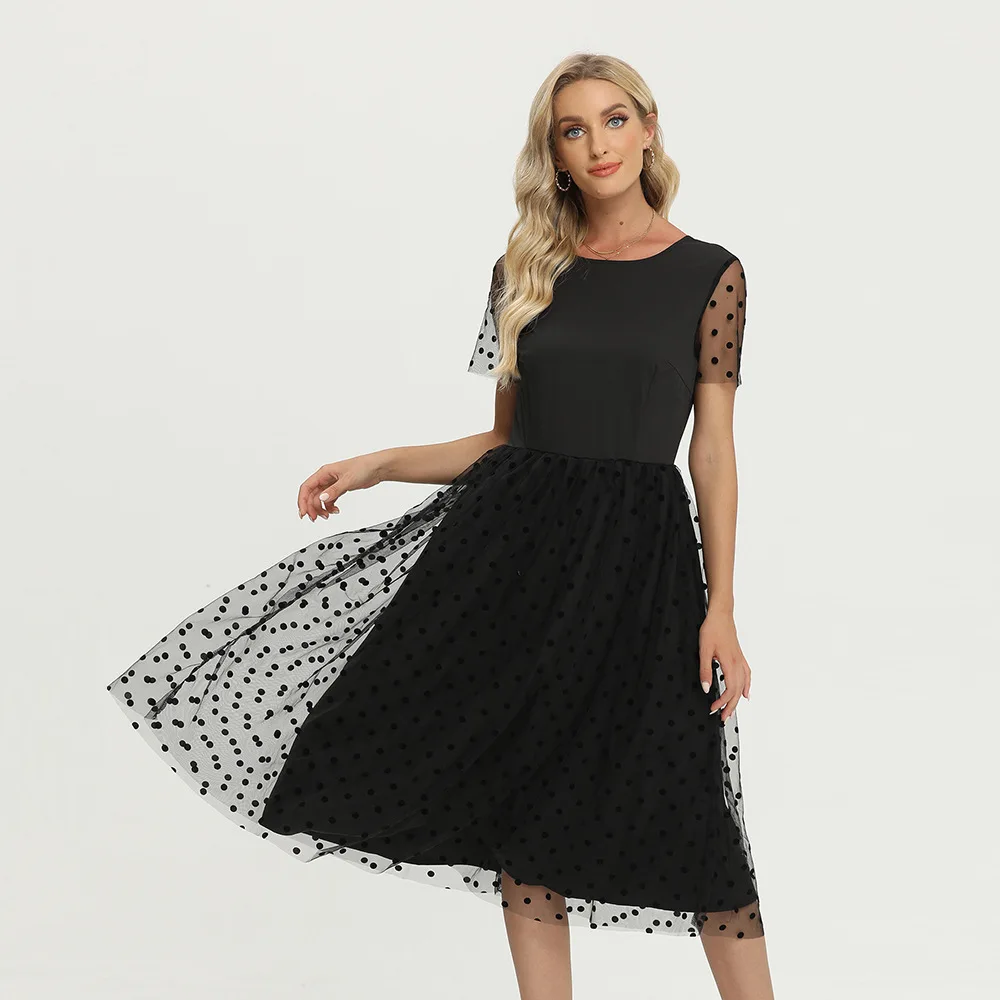 

New Bohemian Style Short Sleeve Sundress Sexy Mesh Black Color A-line Party Vestidos De Wmen Beach Casual Summer Dresses 2022