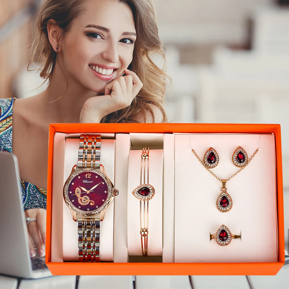 Luxury Women's Watch Bracelet Jewelries Box Set Quartz Stainless Steel Ladies Wristwatch Fashion Jewelry Present Case Female