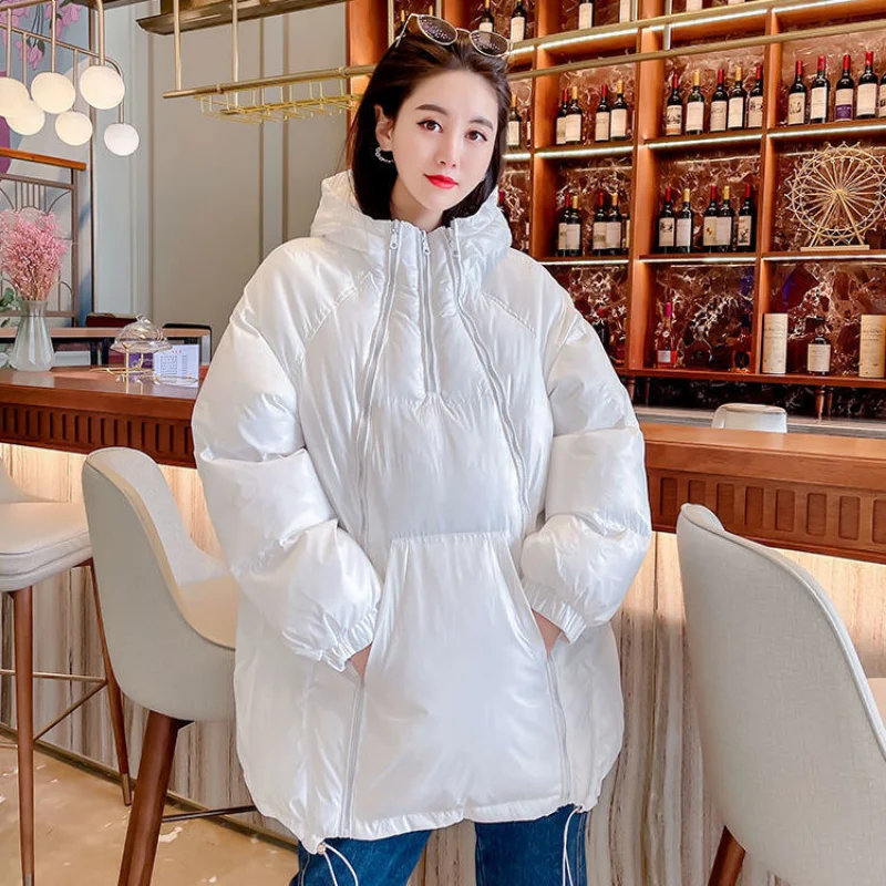 Womens Jackets Winter New Candy Color Pullover Hooded Cotton Padded Jacket Oblique Zipper Bread Coat Loose Warm