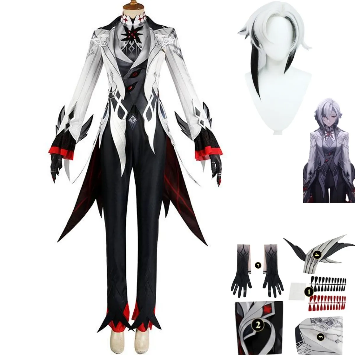 

Anime Game Genshin Impact Arlecchino Cosplay Costume Snezhnaya Fatui Knave Wig Tailcoat Coat Accessories Man Woman Party Suit