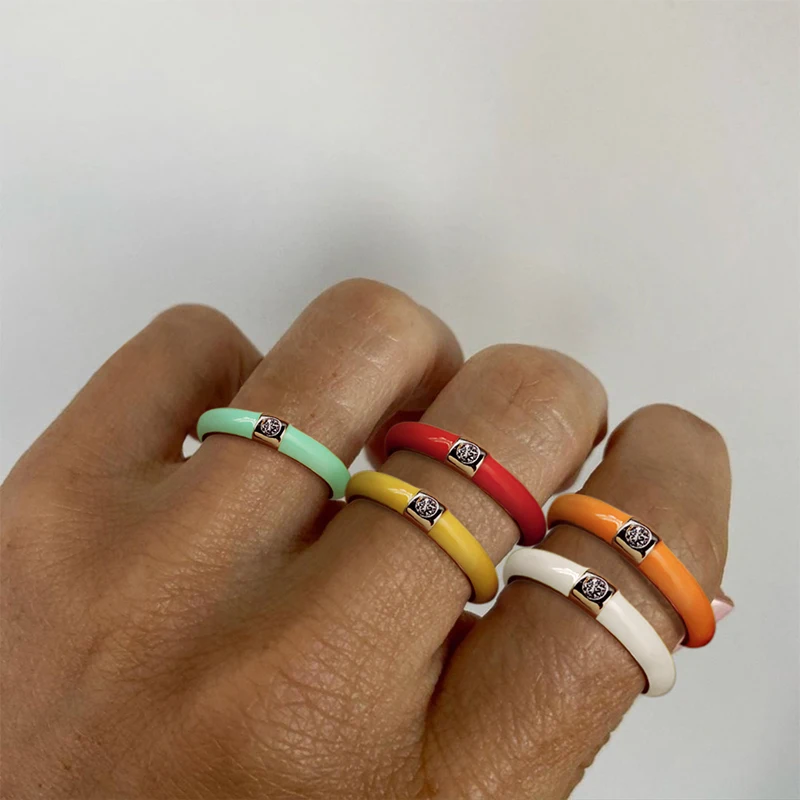 

Retro Copper Zircon Colorful Adjustable Rings Golden Open Enamel Finger couple Ring Jewelry For Women Girls Gift