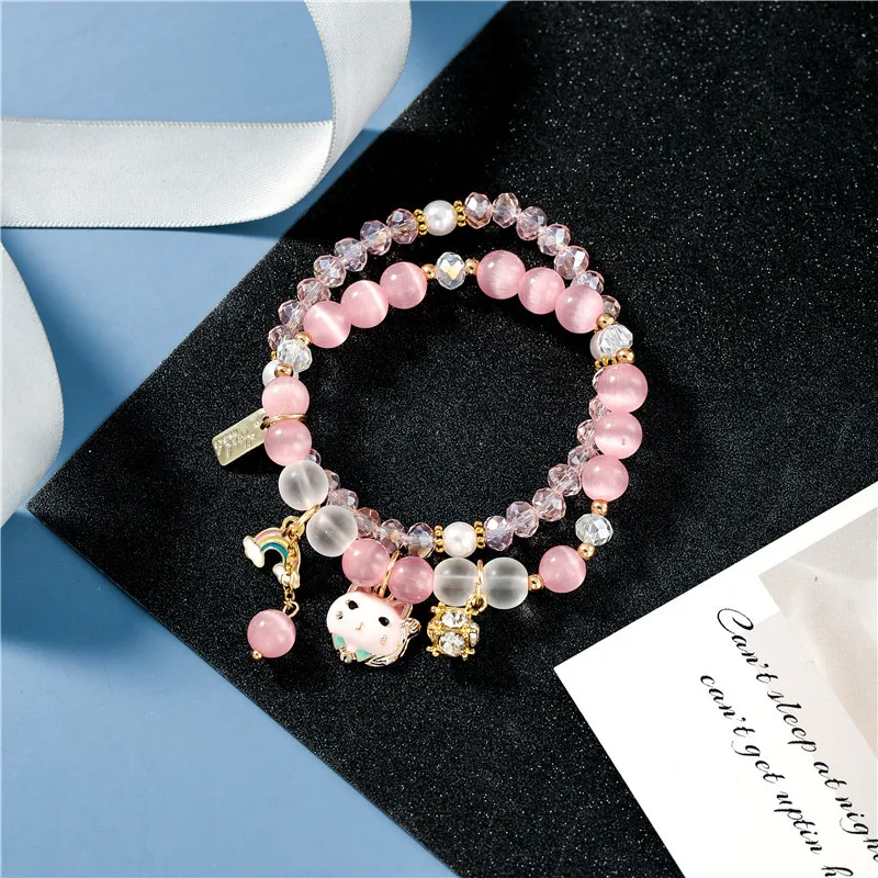 

Y2k Accessories Cat Double-layer Bracelet for Women Ins Design Rainbow Pink Opal Bracelet Korean Female Aesthetic Jewelry Gifts