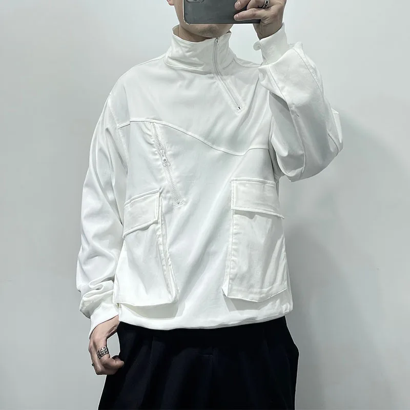 Spring Men's Fashion Inclined Zipper Loose Stand Collar White Work Clothes Men's Fashion American Leisure Pullover Coat