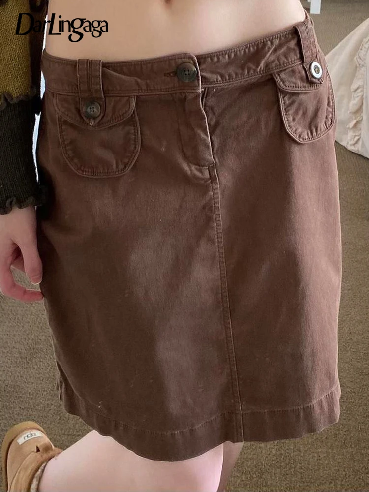 

Darlingaga Y2K Retro Fashion Brown Low Waist Cargo Skirt Women 90s Aesthetic Harajuku Pockets Mini Skirts Outfits Chic Fairycore