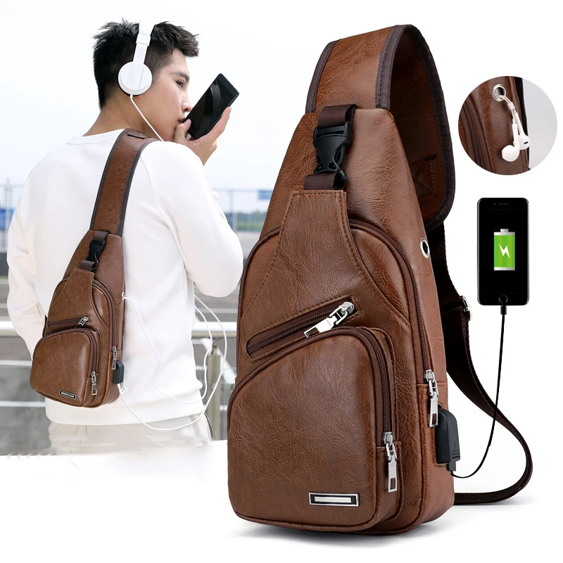 

Chest Shoulder Messenger Bag Pack Men's Leather Fashion Sports Outdoor Bags Charging Business Waist Brand Casual Single