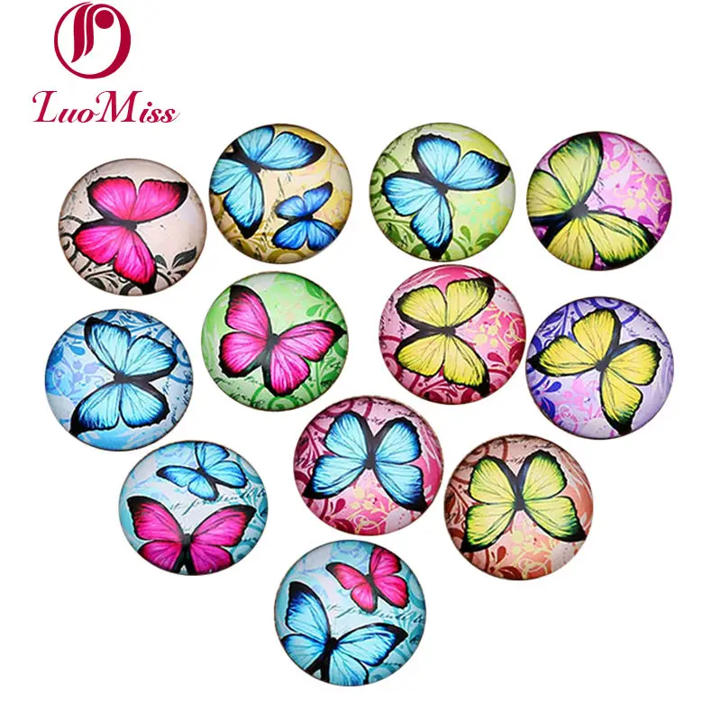 

24pcs 14mm Butterfly pattern Round Handmade Photo Glass Cabochons & Glass Dome Cover For Diy Blank Base Settings