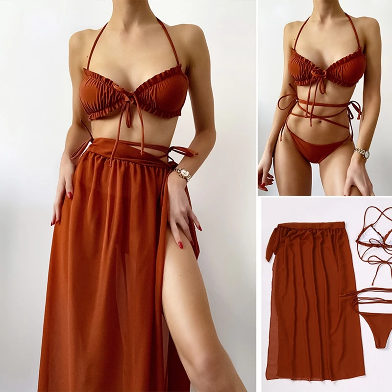 

Купольный сексуальный купальник бикини, женское бикини, юбка, купальник, Женский комплект из 3 предметов, купальный костюм