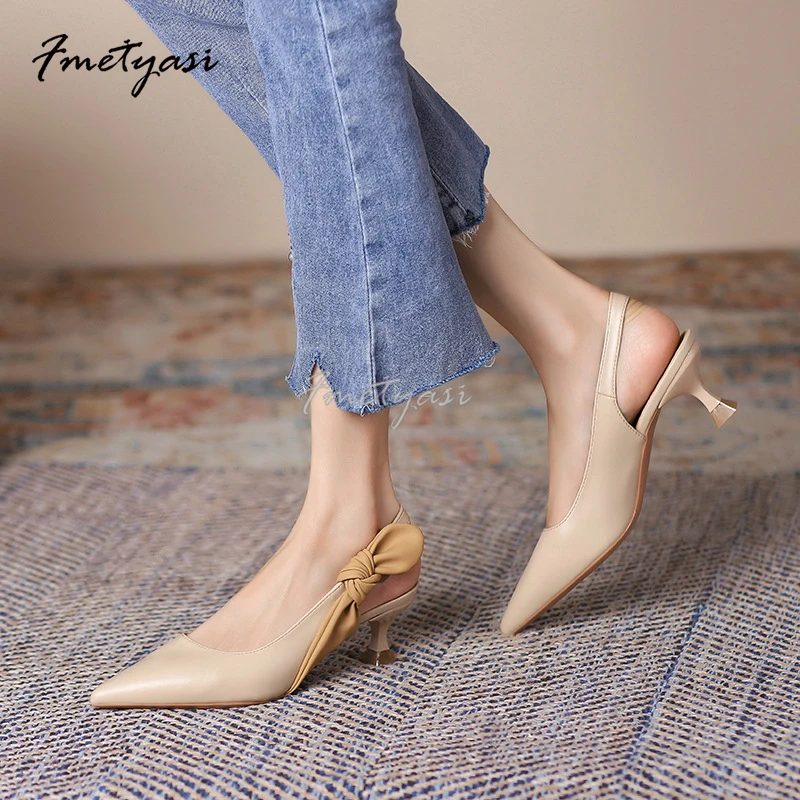 Woman Heels Pointed Toe Luxury Medium-Heeled Korean Style Sandals 2023 Summer Trend Breathable Comfortable Leather Shoe