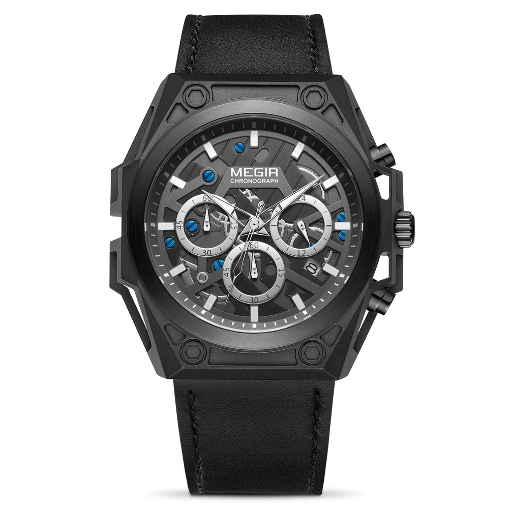 

MEGIR черные мужские наручные часы с хронографом из нержавеющей стали, Роскошные водонепроницаемые спортивные мужские военные часы с кожаным ремешком