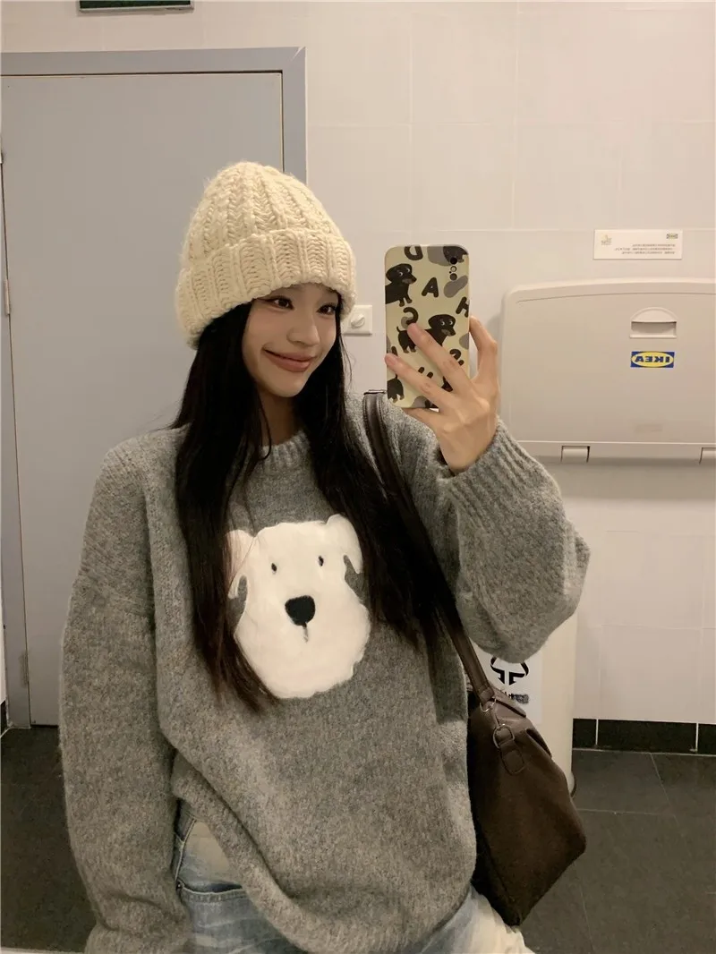 Серый плюшевый свитер с круглым вырезом Pphome Puppy женский осенне-зимний корейской