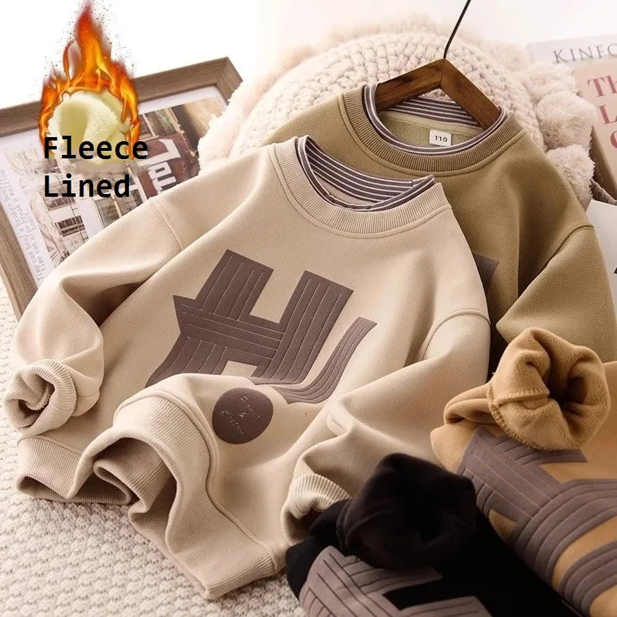 Зимний теплый свитшот с флисовой подкладкой для мальчиков в стиле пэчворк