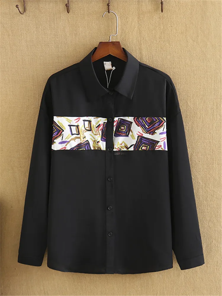 

Plus Size Clothing For Women's Long-Sleeved Shirt Front Chest Patchwork Print Large Size Busty Ladies Wear In Spring And Autumn