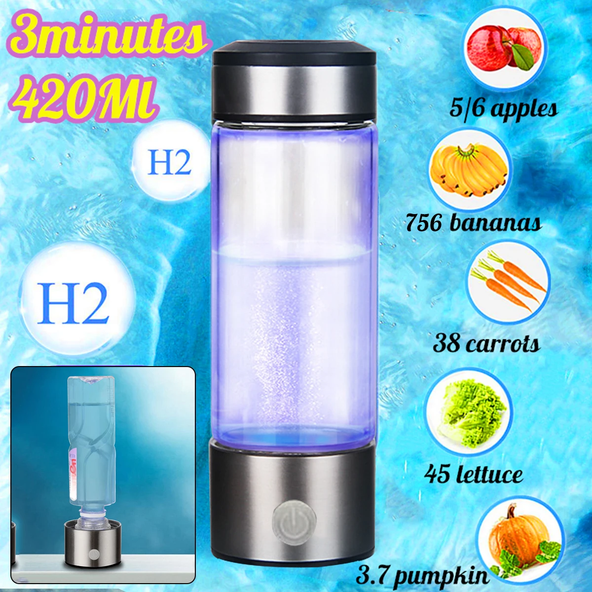 3mins 420ML Portable Water Ionizer Bottle Rechargeable Negative Ion Water Cup Hydrogens-rich Water Cup Water Generator Alkaline