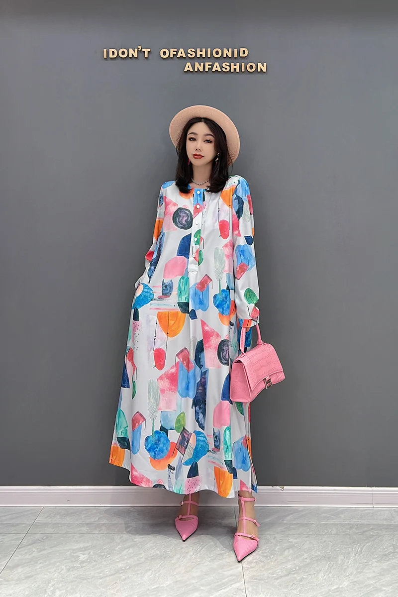 

SuperAen Europe 2022 Summer New Korean Fashion Fresh Shirt Dress Women A-LINE Printing Printing Long Dress