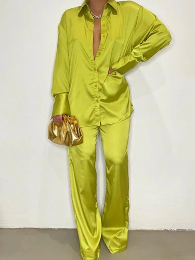 

Women Solid Satin Casual 2pc Set Fashion Autumn Lapel Long Sleeve Blouse + Long Pants Suit New Loose Homewear Outfits Streetwear