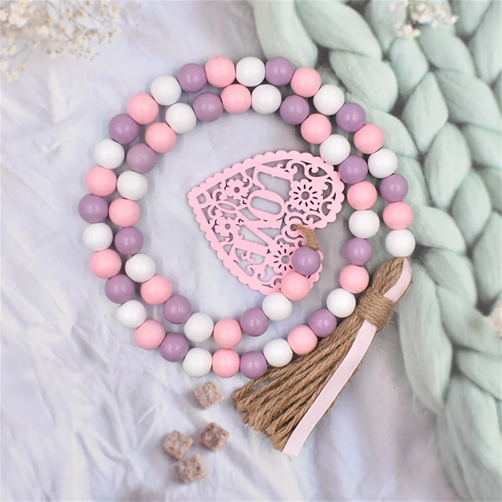 

Valentine'S Day Twine Tassel Beaded With Love Letter Tag Candy Colorful Sweet Style Diy Handmade Wooden Bead Pendant Decoration