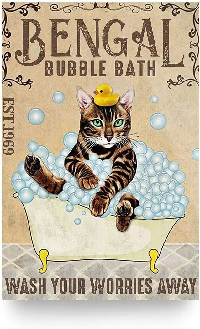 

Bathtub Cat Retro Metal Tin Sign, Bengal Cat Bubble Bath Soap Foam Poster Vintage Toilet Cave Bar Home Bathroom Wall Decoration