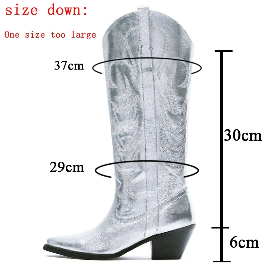 Cowboy Cowgirl Western Boots Metallic Silver Stacked Heeled Mid Calf Long Boots Shoes Casual Embroidered Autumn Winter Shoes images - 6