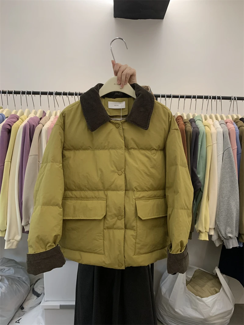 2023 New Corduroy Doll Collar Short Down Jacket Coat, Candy Color Women's Lapel Bread Jacket White Duck Down Coat