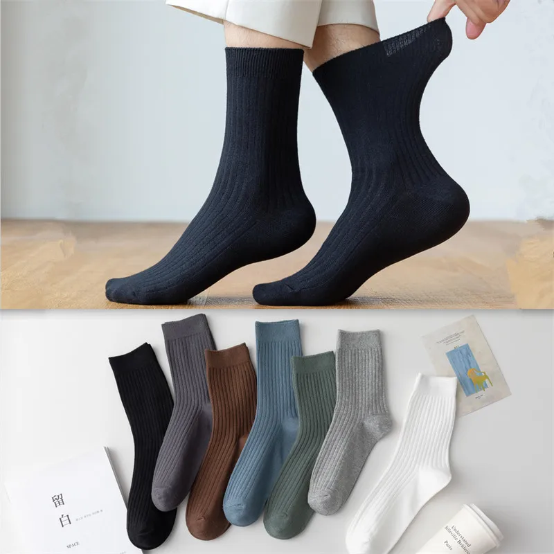 Cotton Socks Men Pure Color Mid-Calf Crew Socks Men Striped tube Socks Autumn Winter 5 Pairs/lot Fathers Day Gifts For Dad