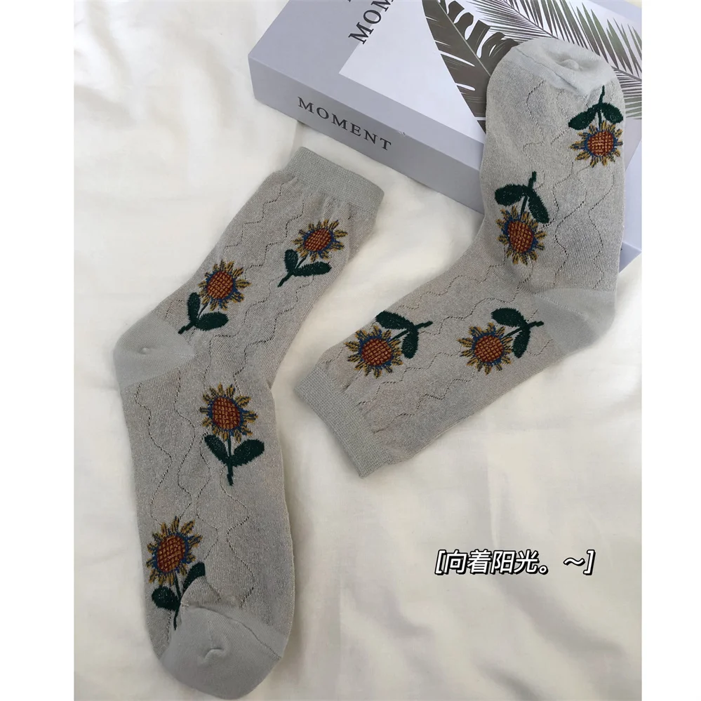 

Женские носки с полыми сетчатыми вставками, носки средней длины с золотыми цветами и шипами, женские носки с подсолнухами, весна-лето 2022