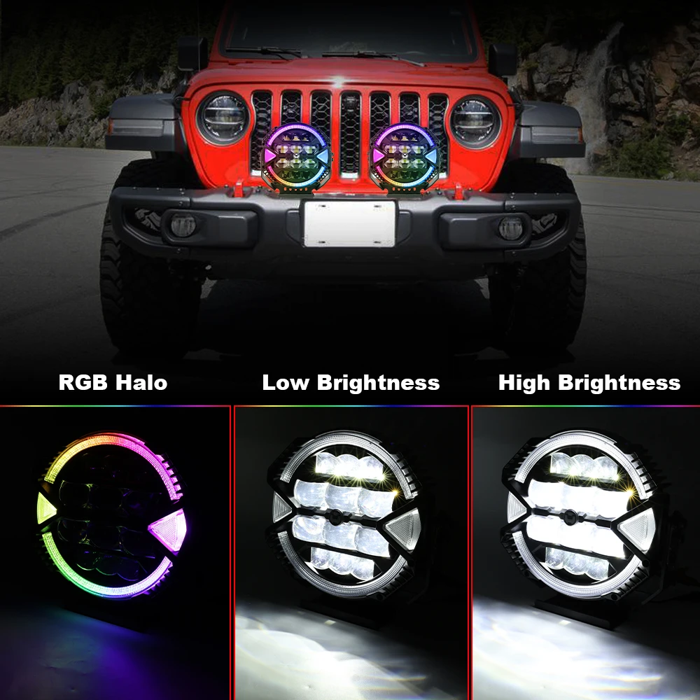 Фото MOVOTOR 9-дюймовые RGB-фары для бездорожья, 2 шт., с высокой и низкой яркостью, RGB-гало-дневные ходовые огни для Jeep, Tacoma, 4Runner, грузовиков, внедорожников, UTV, пикапов. №2