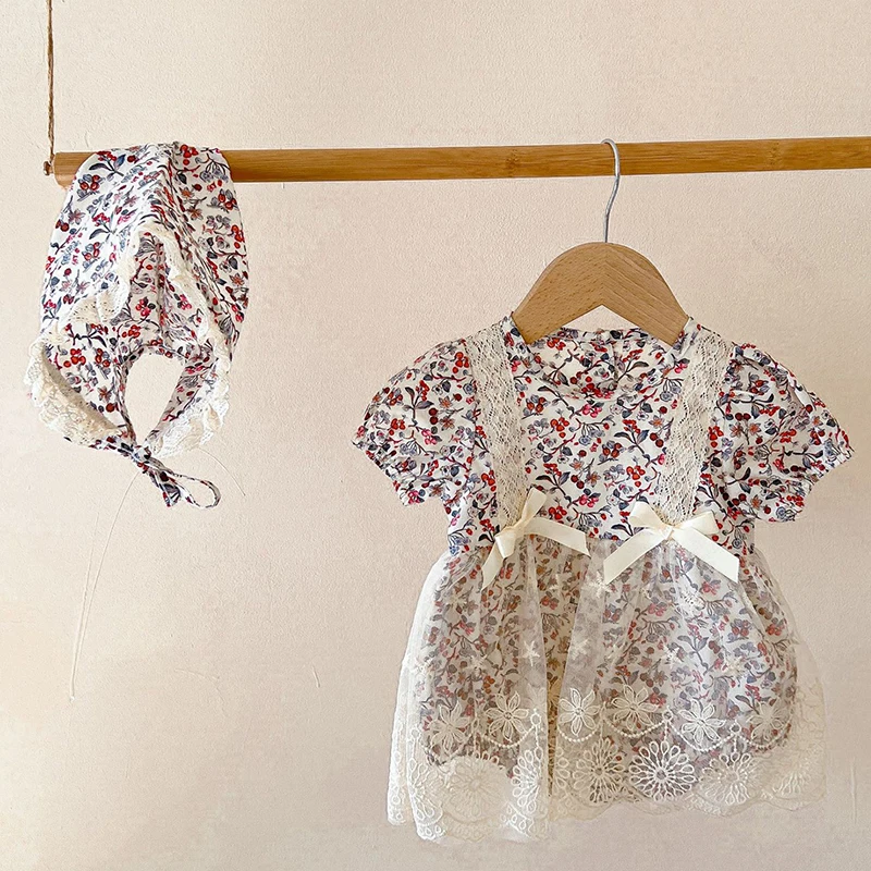 

Infant Baby Girls Jumpsuit+Hat Short Sleeve Cotton Printing Lace Stitching Toddler Baby Girl Romper Summer Baby Girl Clothing