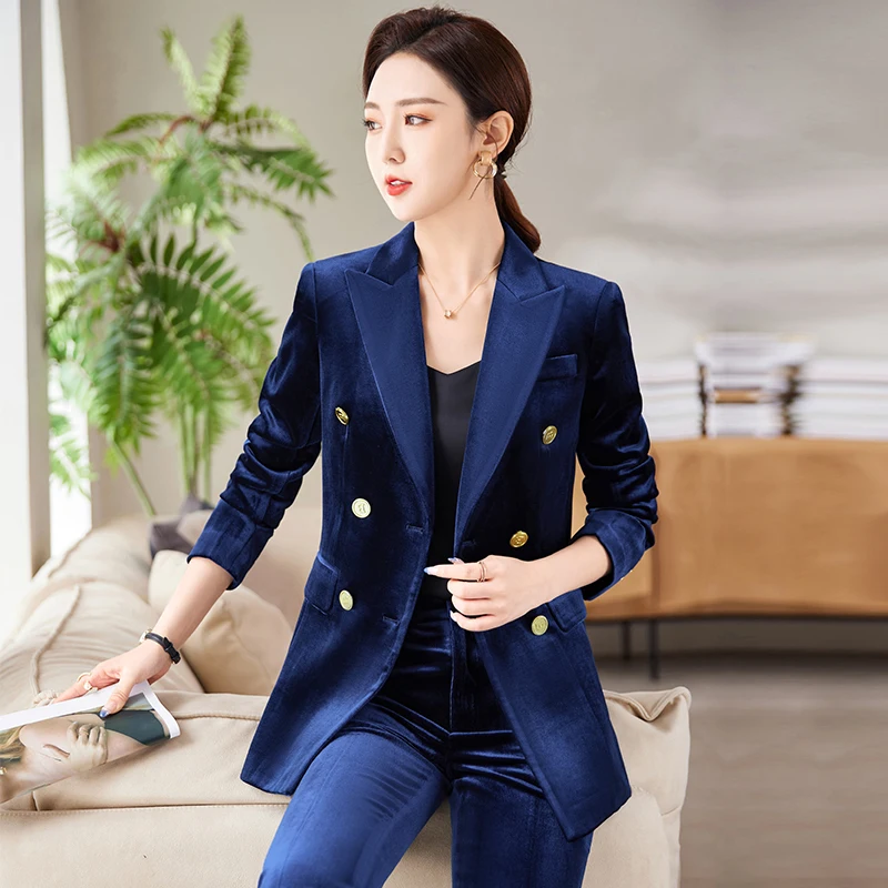 2023 Spring and Autumn New Blue Black Double breasted Fleece Suit Coat Women's Pants Two Piece Set Elegant Fashion Commuter Tren
