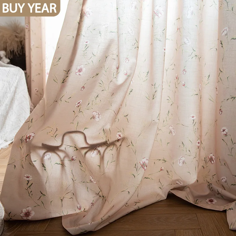 

Korean Curtains for Living Dining Room Bedroom Fresh Light Coffee Color Floral Pastoral Imitation Cotton and Linen Curtain