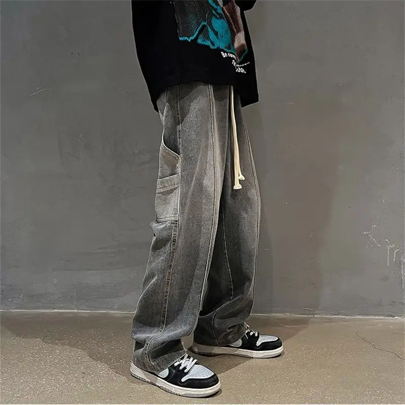DEEPTOWN Classic Straight Jeans Men Pockets Loose Casual Denim Pants Streetwear Cargo Trousers Male Vintage Hip Hop Spring