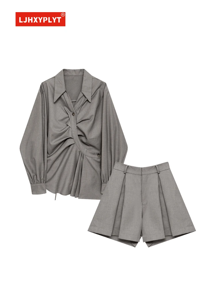 V-neck Long-sleeve Gray Shirt Suit Womens Spring Summer New Hong Kong Style Irregular Folds Blouse Wide Leg Shorts Two-piece Set