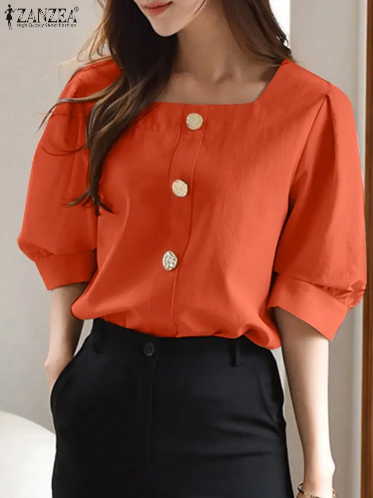 Женская блузка ZANZEA с квадратным вырезом, летняя офисная рубашка, однотонная туника с полуперфорацией, модные повседневные рабочие праздничные блузки, женская рубашка Женская блузка ZANZEA с квадратным вырезом, летняя офисная рубашка, однотонная туника с полуперфорацией, модные повседневные рабочие праздничные блузки, женская рубашка